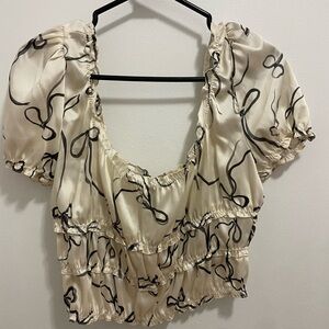 Zara Off Shoulder Satin Crop Top with Black Bow Print